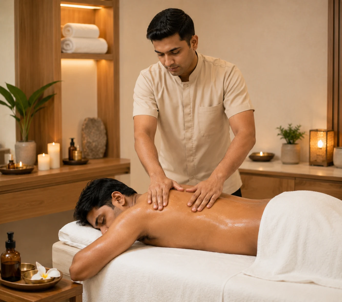 Professional Aroma Massage therapy in a luxury men's spa with a calming and relaxing atmosphere