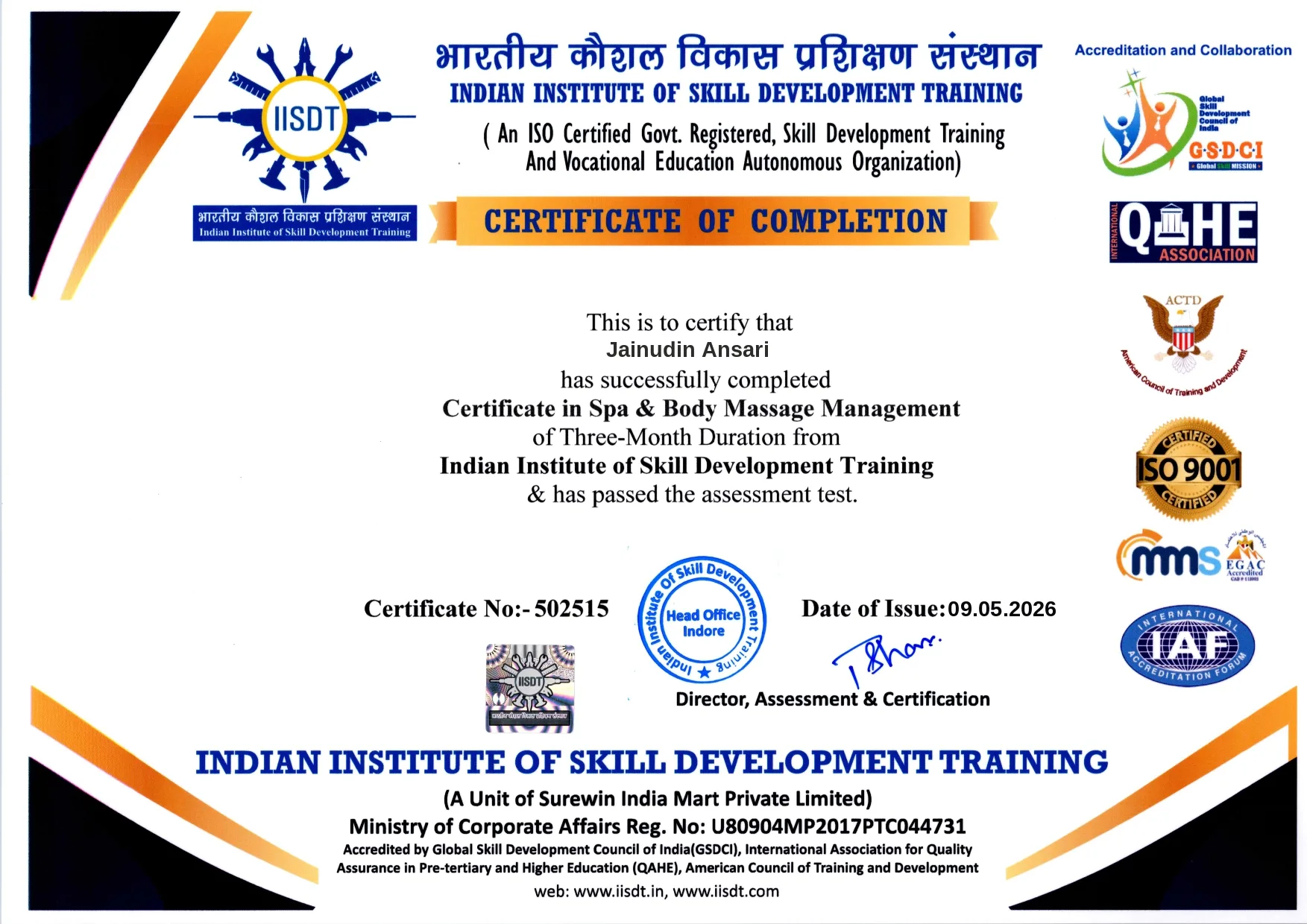 Jainudin Ansari certified beauty therapist training certificate