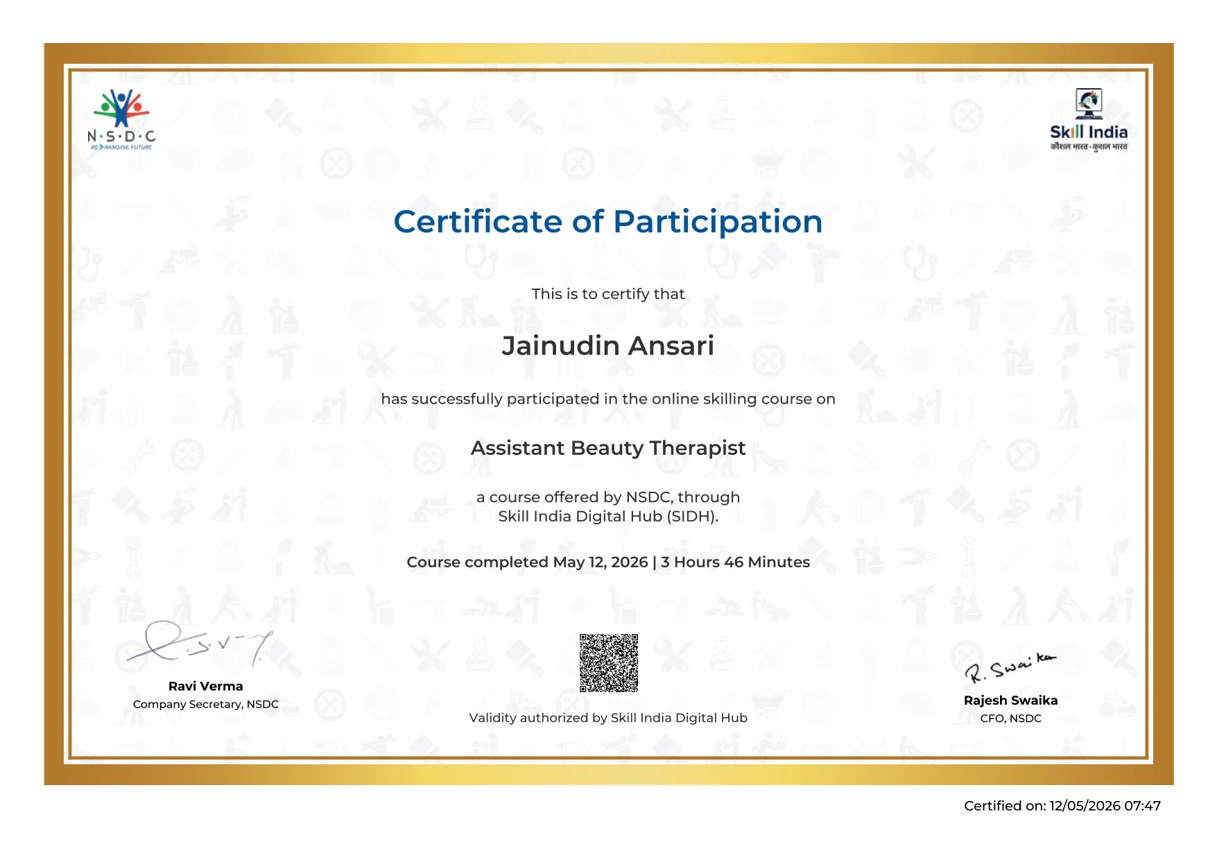 Jainudin Ansari professional certification certificate