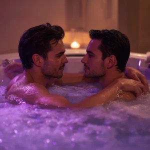 Two handsome men holding each other close in a hot tub with bubbling purple ambient lighting.