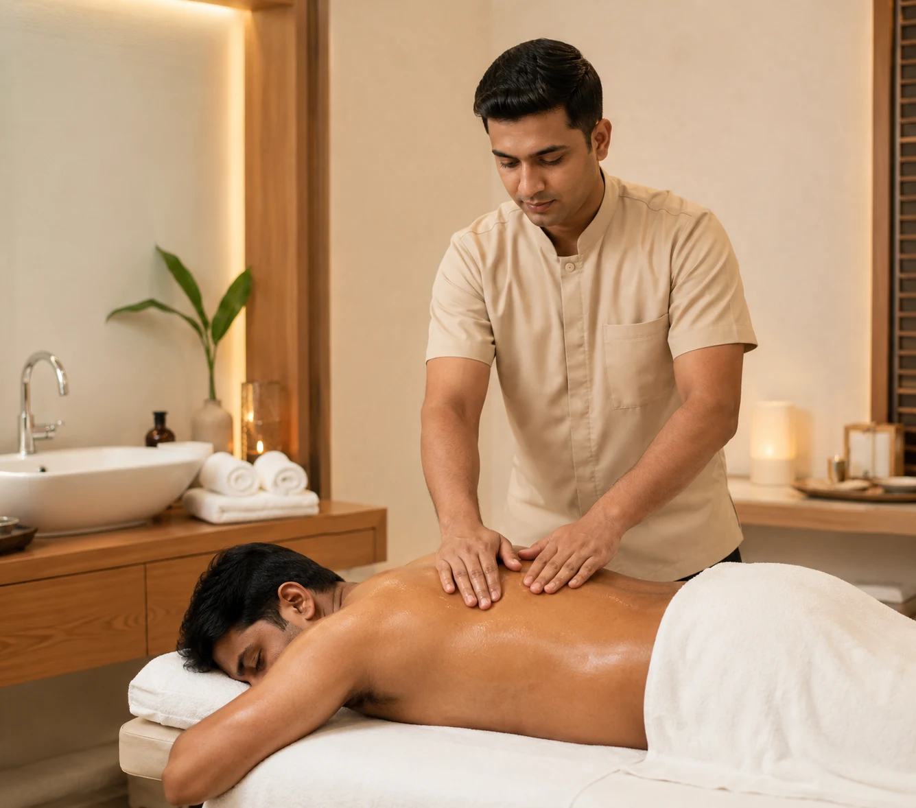 Professional Swedish massage therapy in a luxury men's spa with a relaxing wellness atmosphere