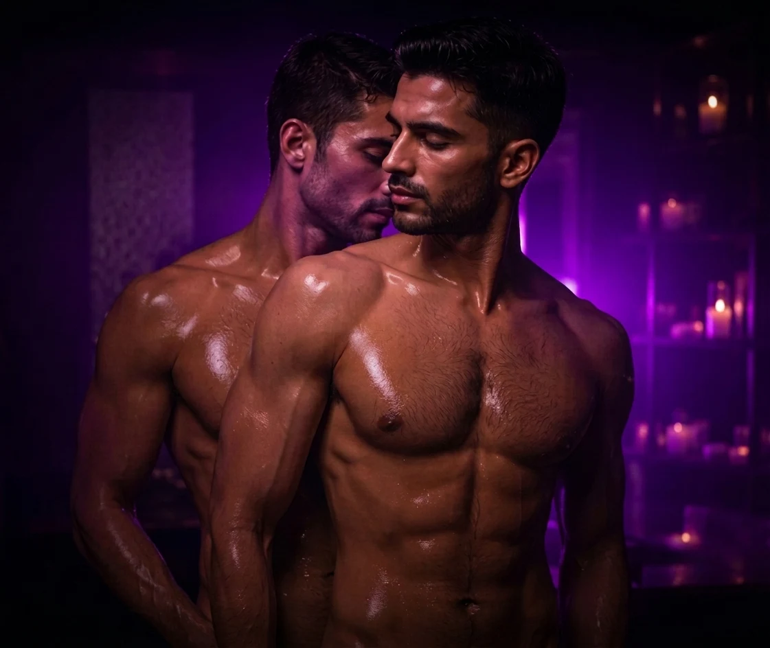 Two male spa models in a luxury purple-lit wellness spa with a premium relaxation ambiance.
