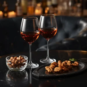 Two glasses of red wine and small dishes of snacks on a dark table in a softly lit lounge.