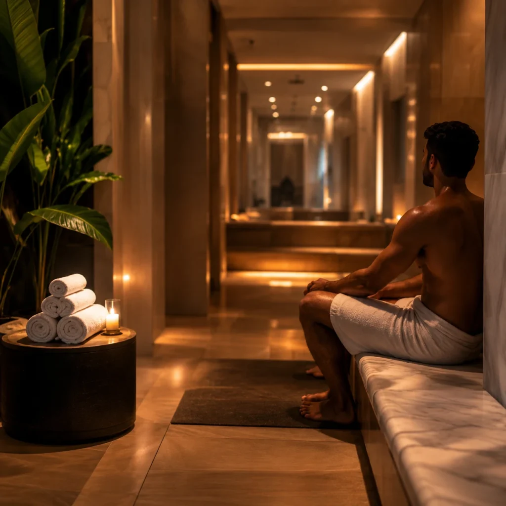 Man relaxing in a luxury steam and sauna area with soft lighting and fresh towels at a premium wellness spa.