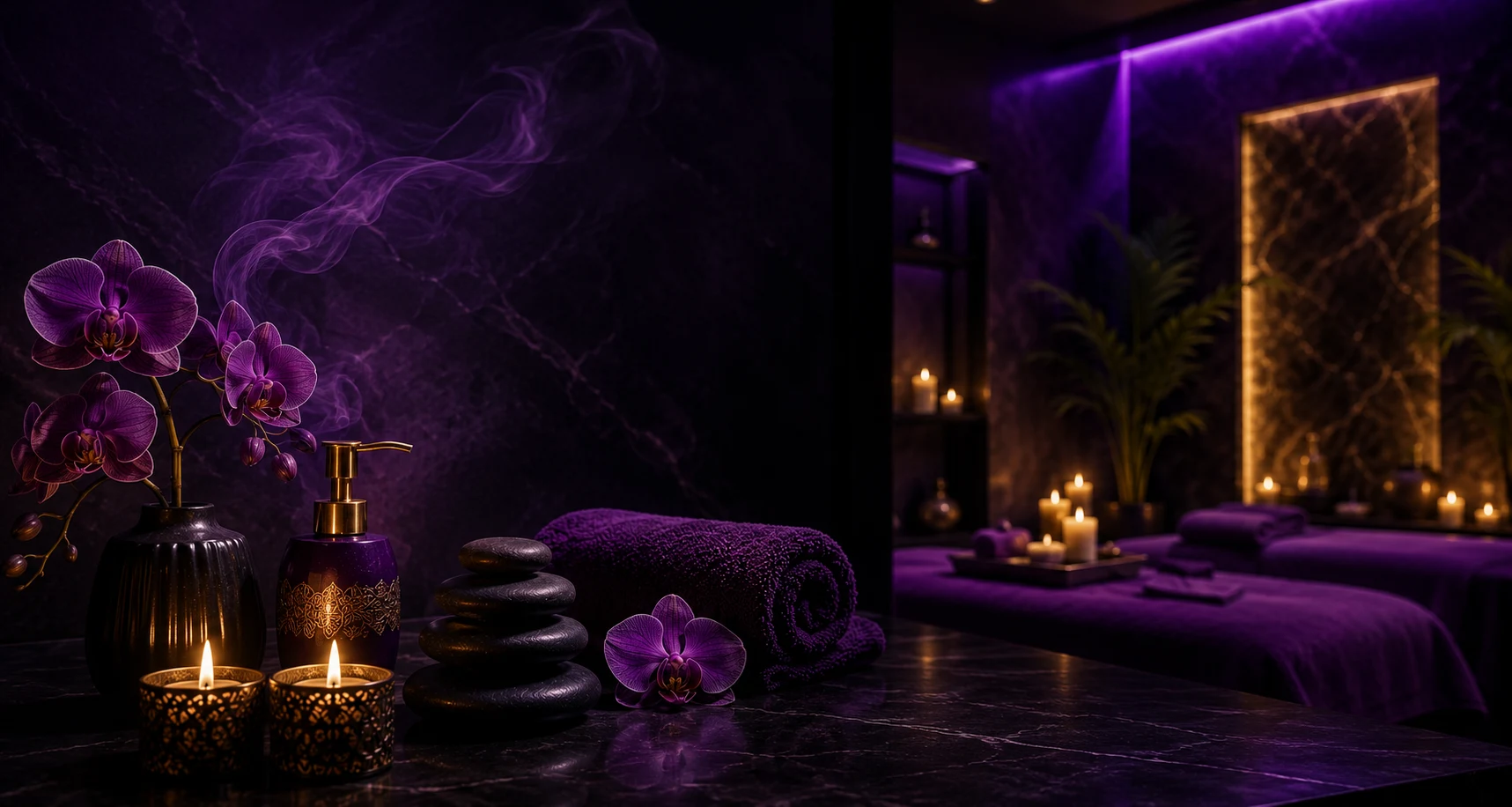 Luxury spa gallery hero with elegant purple ambience, orchid flowers, candles, towels, massage stones and premium wellness interior.