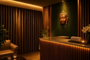 Luxury reception area at Mykonos Spa in Delhi featuring a marble reception desk, Buddha wall art, warm ambient lighting, and a premium wellness interior.