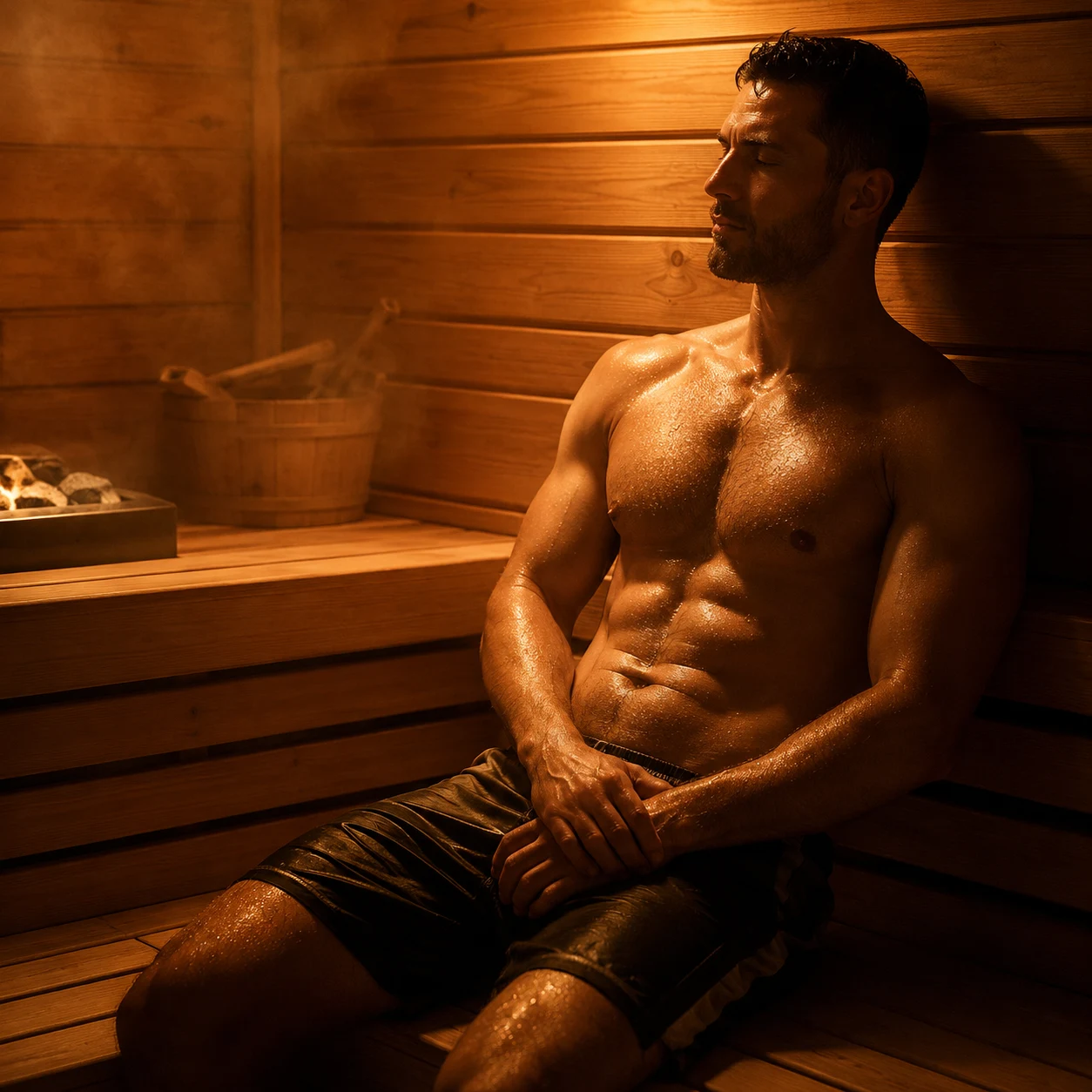 Premium men's sauna experience at Mykonos Spa in Delhi with a relaxing wooden steam room and luxury wellness atmosphere.