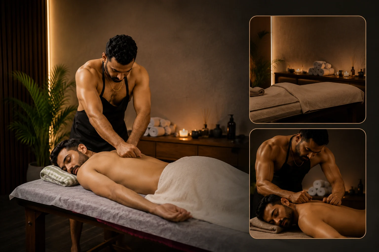 Professional male therapist providing a private male-to-male massage therapy session in a luxury spa room at Mykonos Men's Spa Delhi.