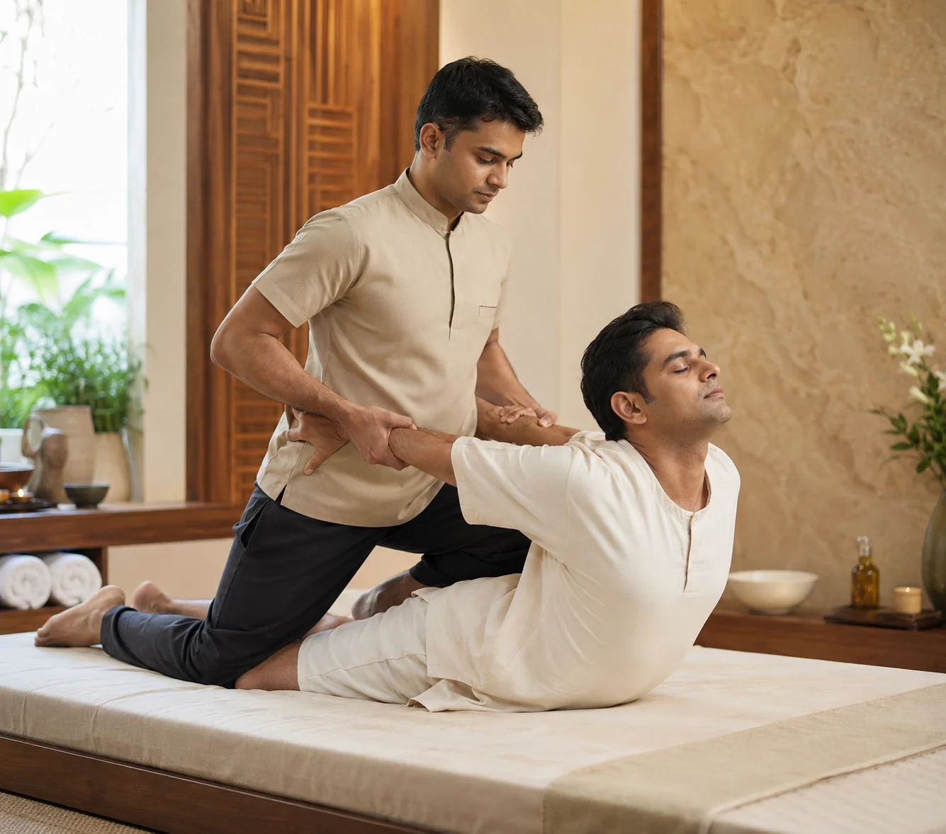 Professional Thai stretch massage performed by an experienced male therapist at Mykonos Men's Spa