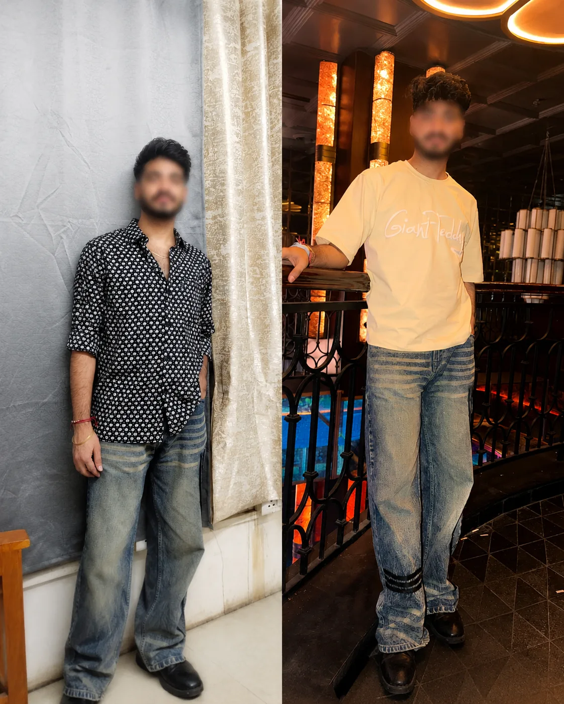 Man with blurred face posing in casual outfits indoors and at a stylish venue