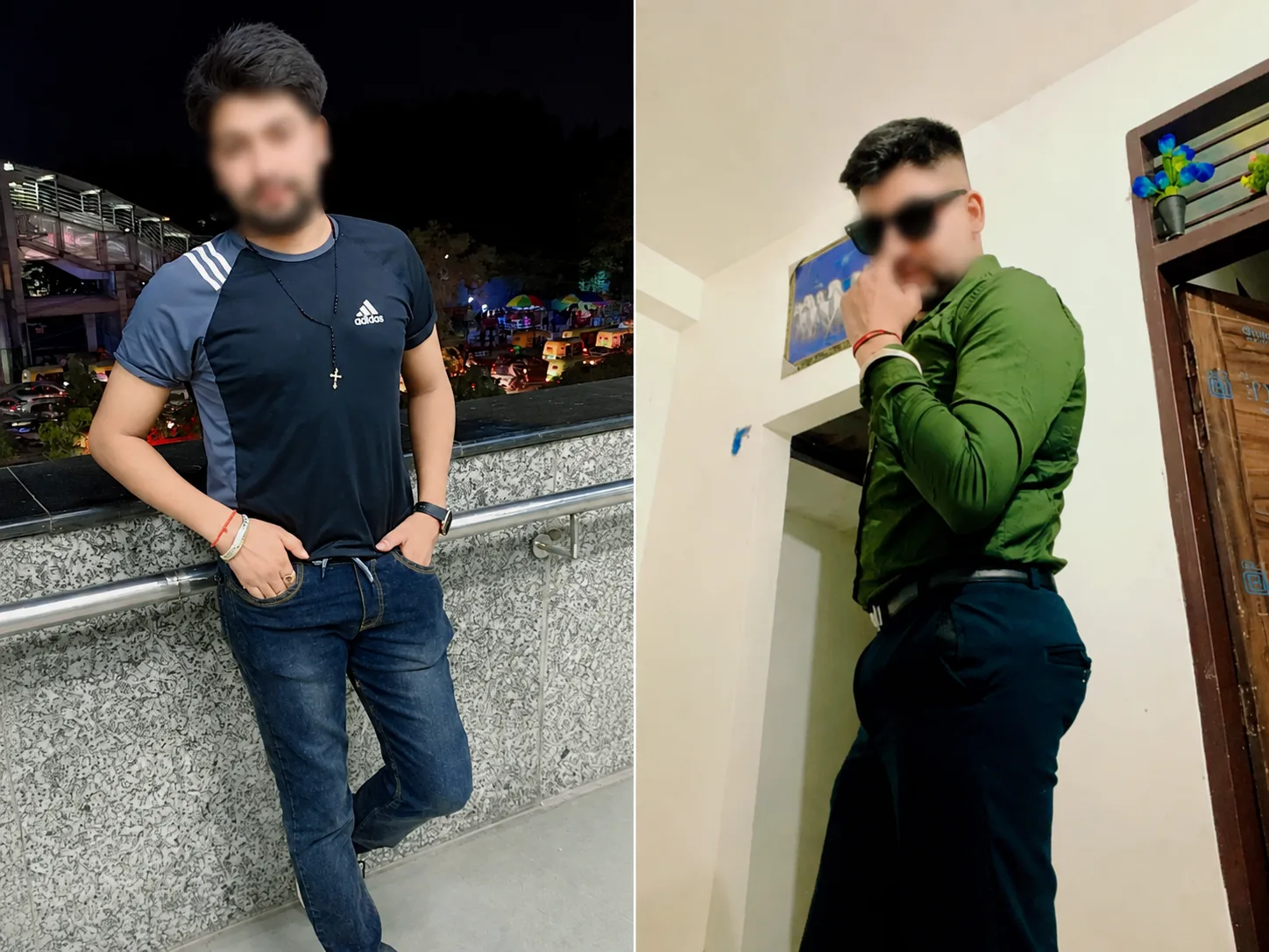 Man with blurred face posing in casual nightwear outdoors and in a stylish indoor outfit
