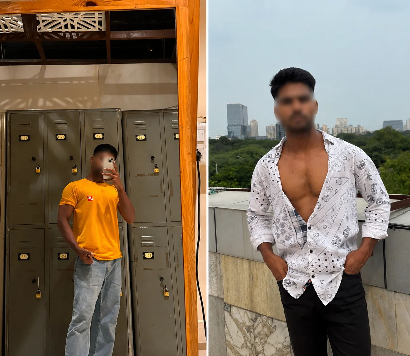 Man with blurred face posing in a locker room and on a rooftop
