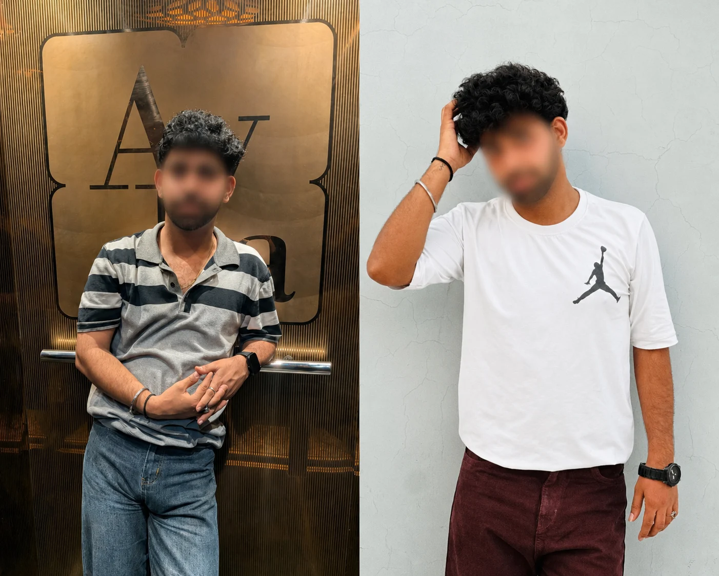 Prince posing in two casual outfits with blurred face in indoor and outdoor portrait settings