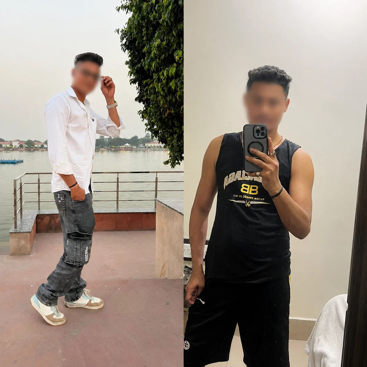 Man posing by a waterfront and taking a mirror selfie indoors with face blurred