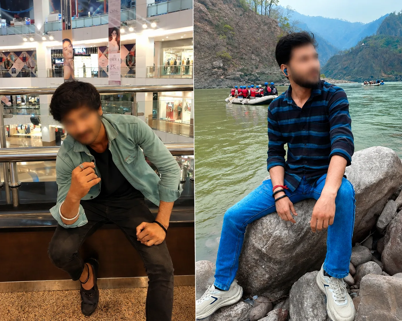 Collage of a stylish man in casual outfits at a shopping mall and riverside with blurred faces for privacy.