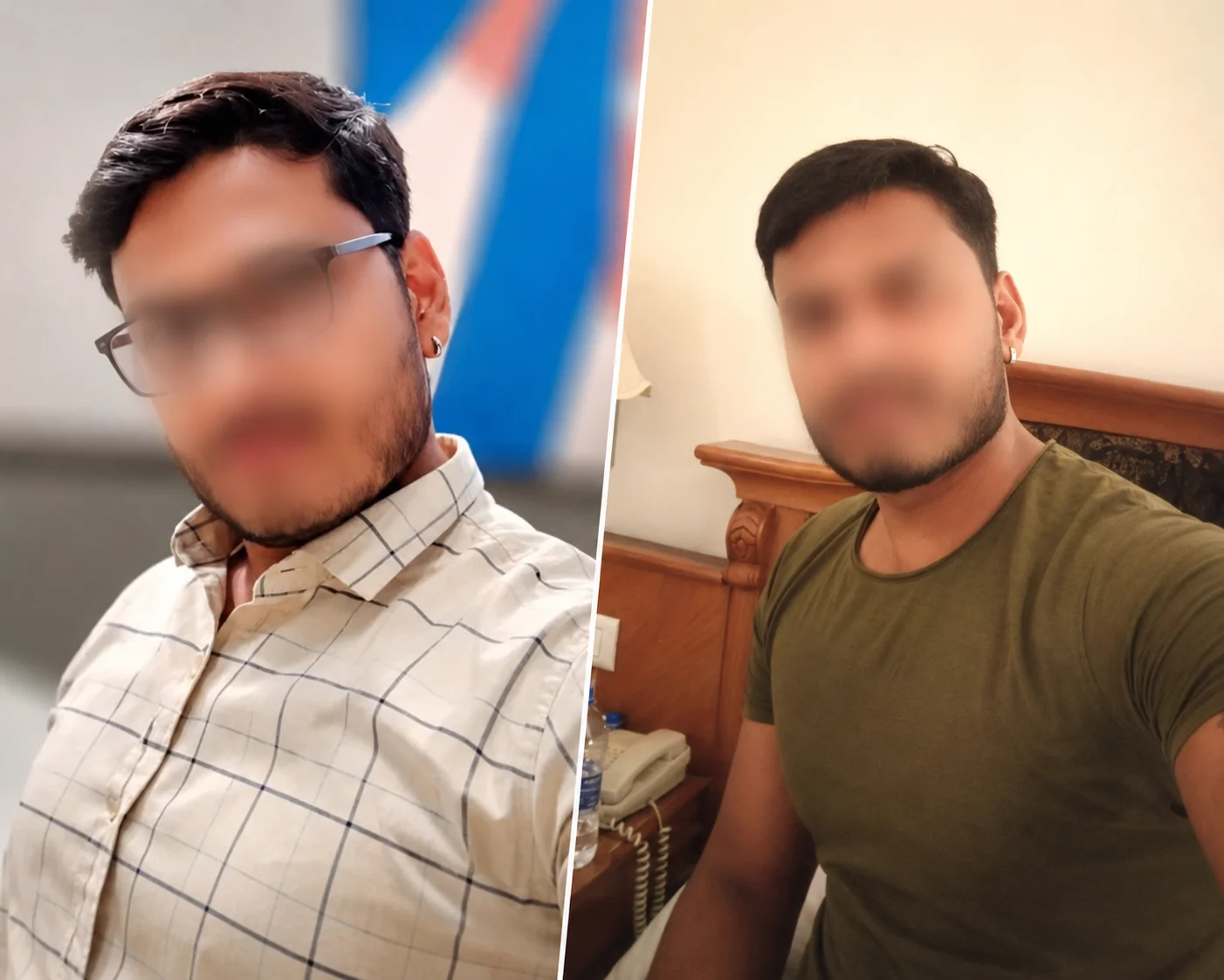 Collage of a stylish man in casual outfits with blurred faces for privacy, featuring indoor portrait photos.