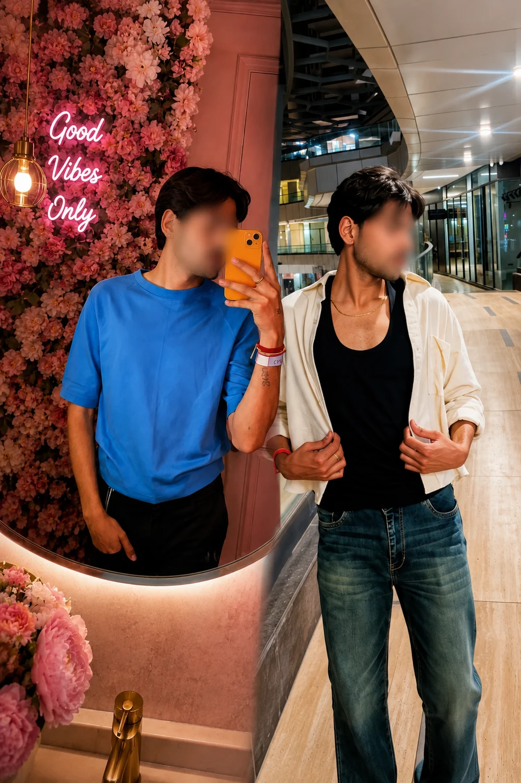 Two stylish friends posing together with blurred faces in a modern indoor setting featuring a floral wall and contemporary architecture.