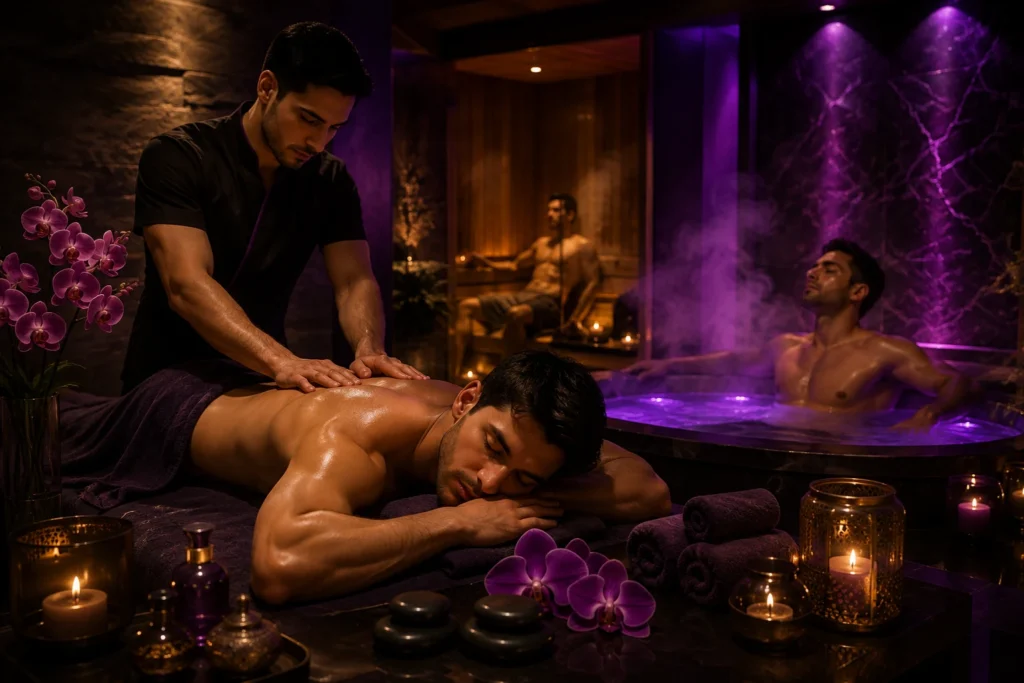 Professional men's massage therapy at Mykonos Spa in Delhi featuring a luxury spa ambiance with steam, sauna, and jacuzzi facilities.