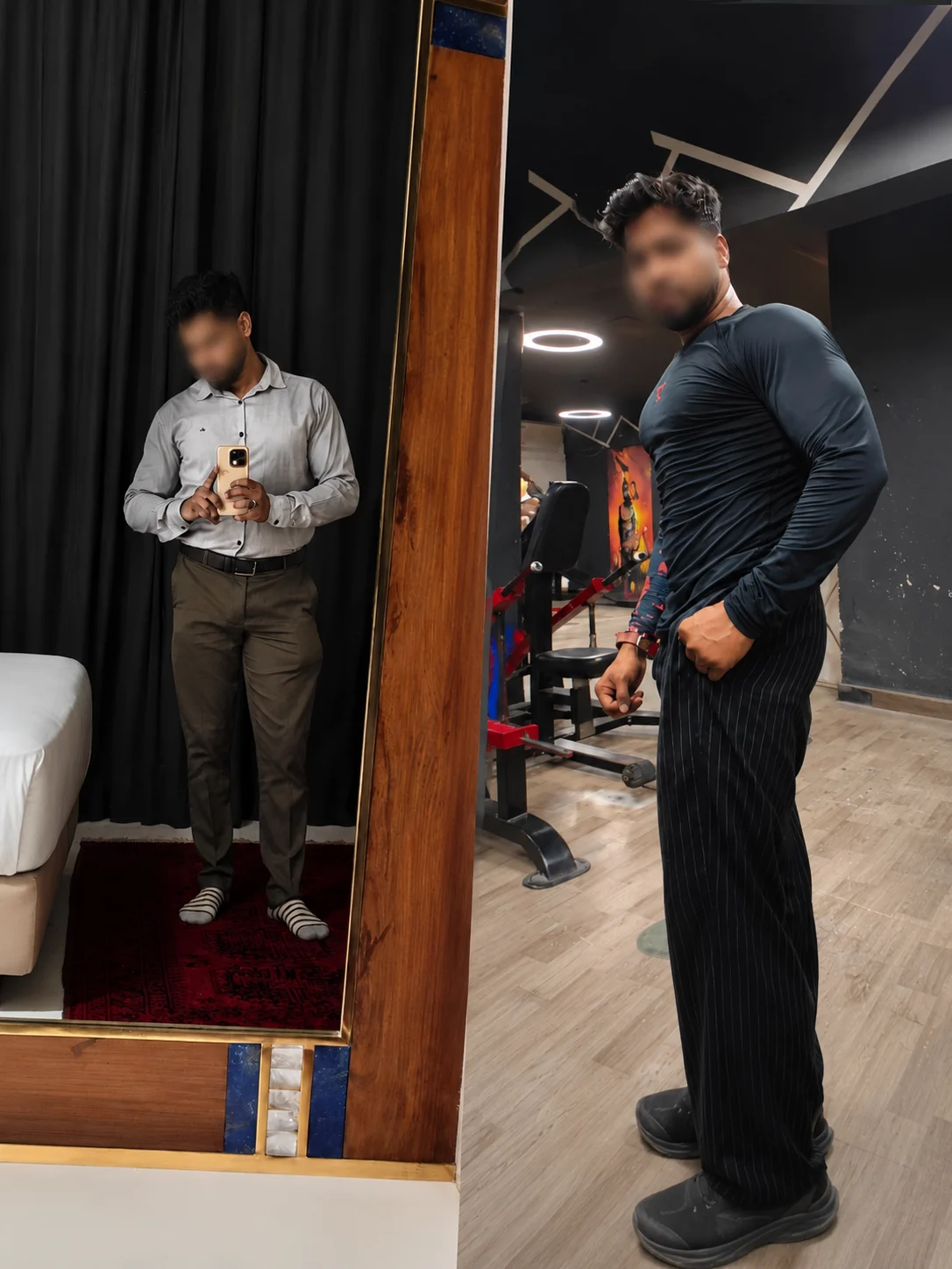 Professional office look and gym fitness transformation side-by-side photo with blurred face.