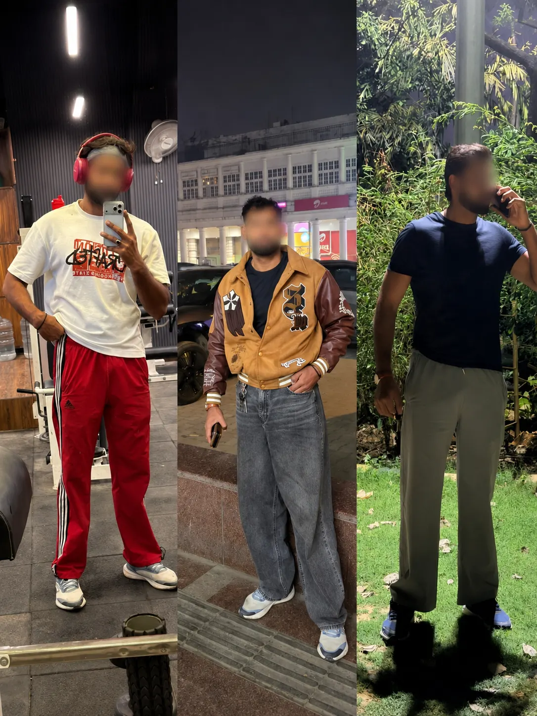 Stylish men's lifestyle collage featuring casual fashion, gym wear, and urban street style with blurred faces.